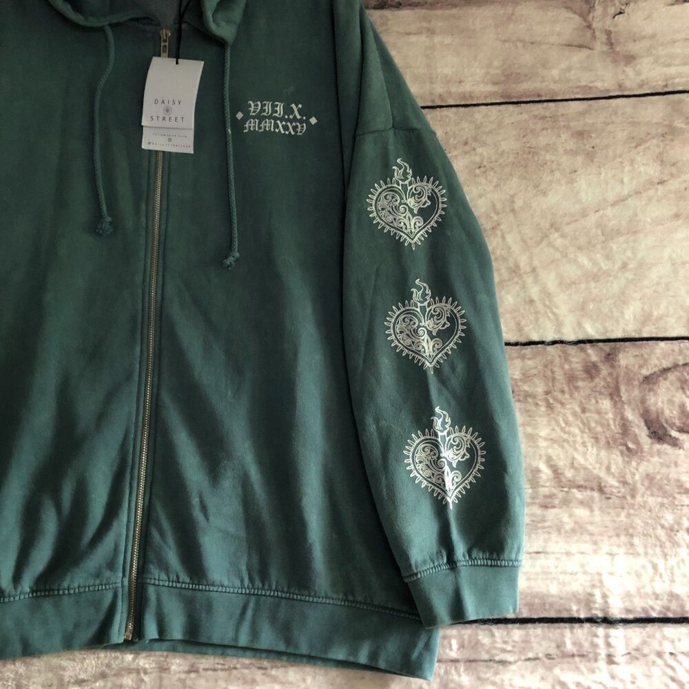 Daisy Street Hoodie XL Green Tie Dye Oversized Y2k Goth Hearts New York Grunge - Picture 7 of 16